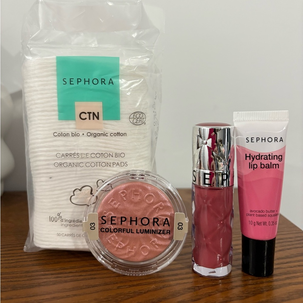 Sephora collection makeup bundle, including blush, plum lip gloss and cotton